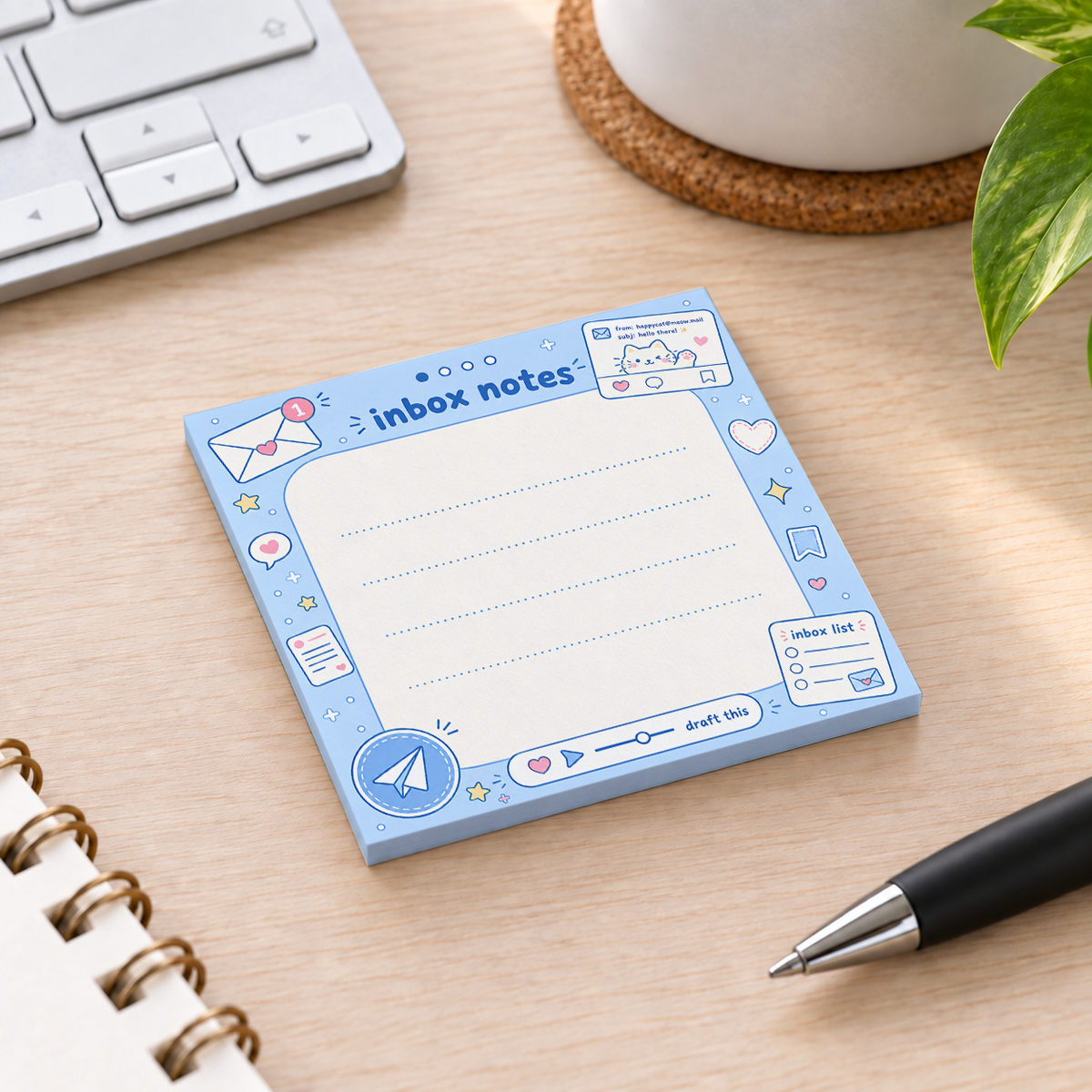 Close-up of Blue Kawaii Cat Inbox sticky note design and writable area