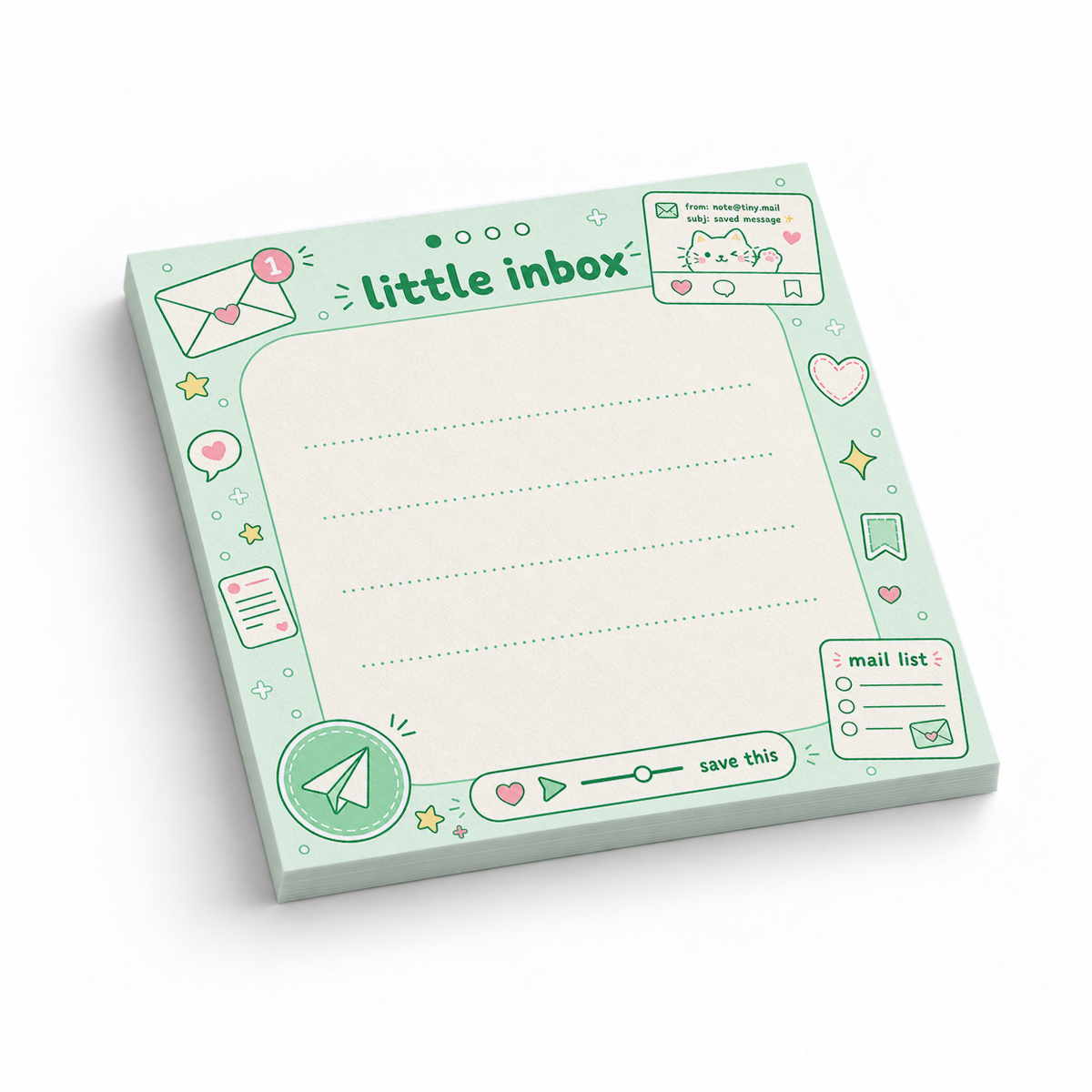 Green Little Inbox Kawaii 3x3 sticky notes, 50-sheet memo pad