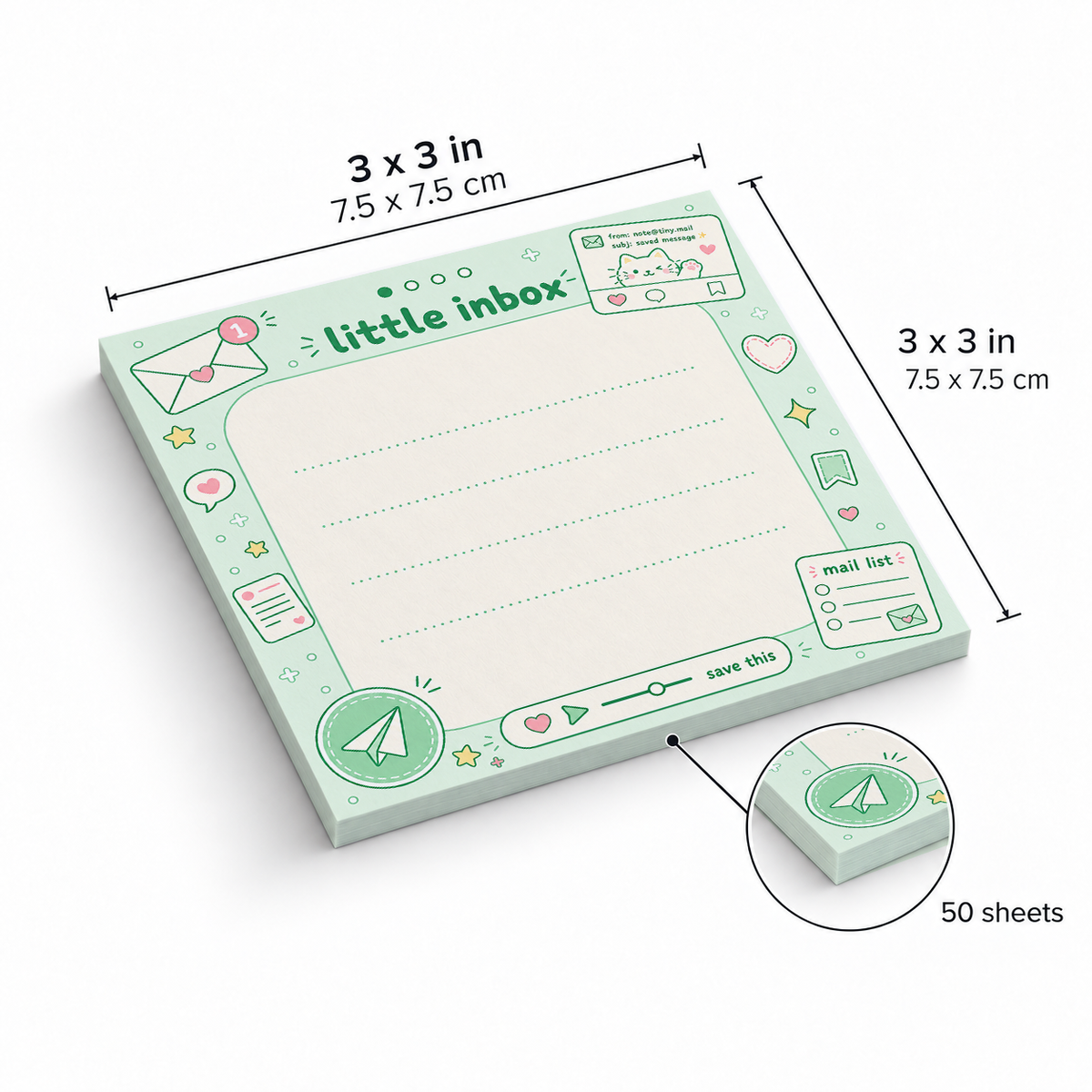 Green Little Inbox Kawaii sticky notes, 3x3 in (7.5 x 7.5 cm), 50 sheets