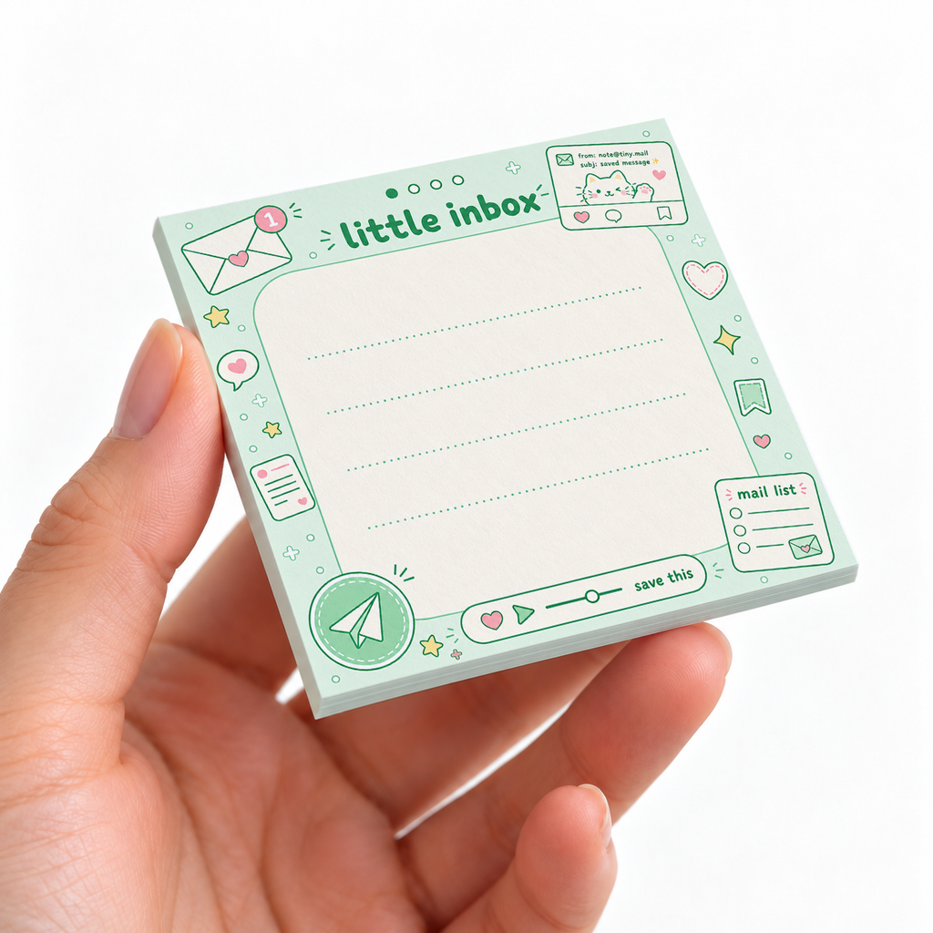 Green Little Inbox Kawaii sticky note pad on a desk with stationery