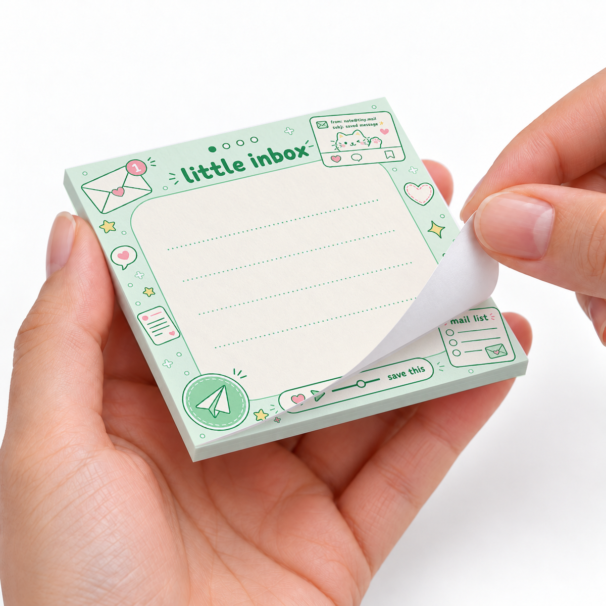 Green Little Inbox Kawaii sticky notes styled with a planner and desk accessories