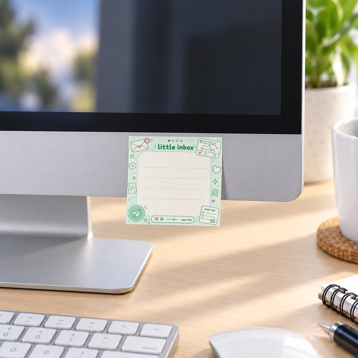 Green Little Inbox Kawaii memo pad in an office or home workspace