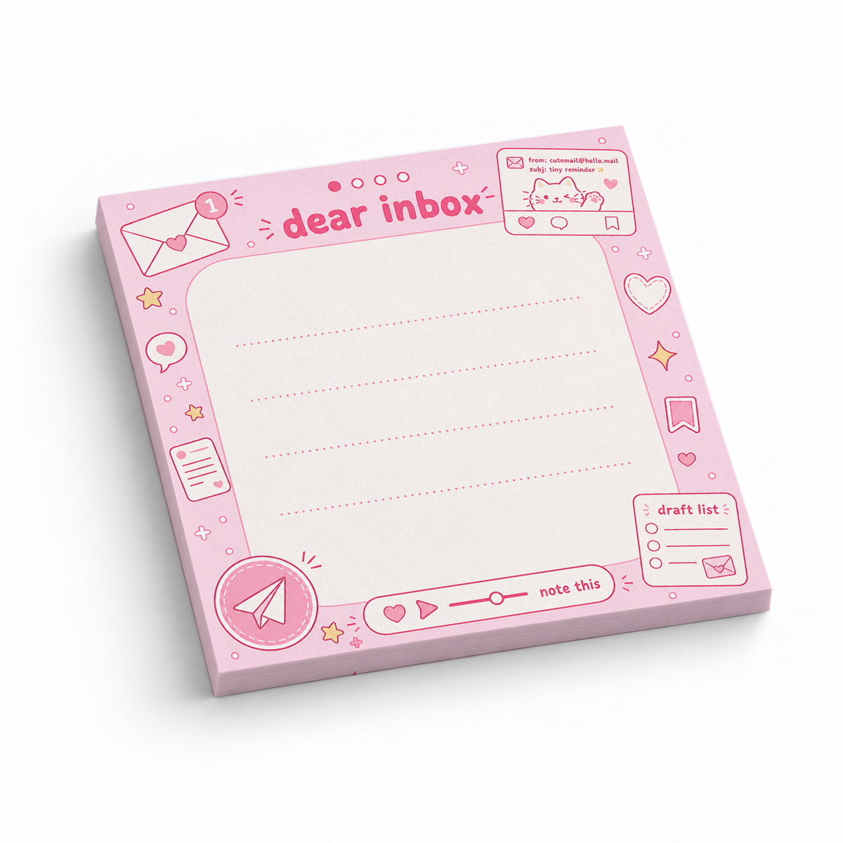 Pink Dear Inbox Cat 3x3 sticky notes, 50-sheet memo pad