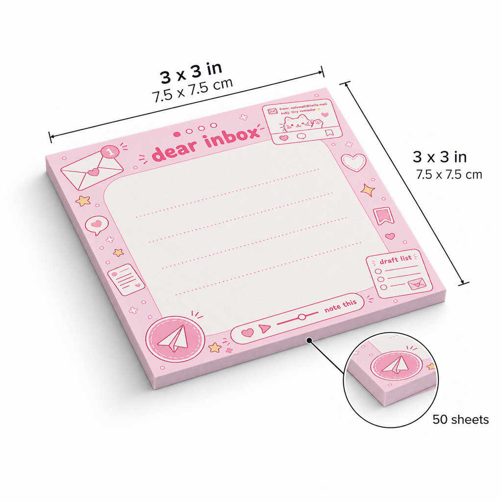 Pink Dear Inbox Cat sticky notes, 3x3 in (7.5 x 7.5 cm), 50 sheets