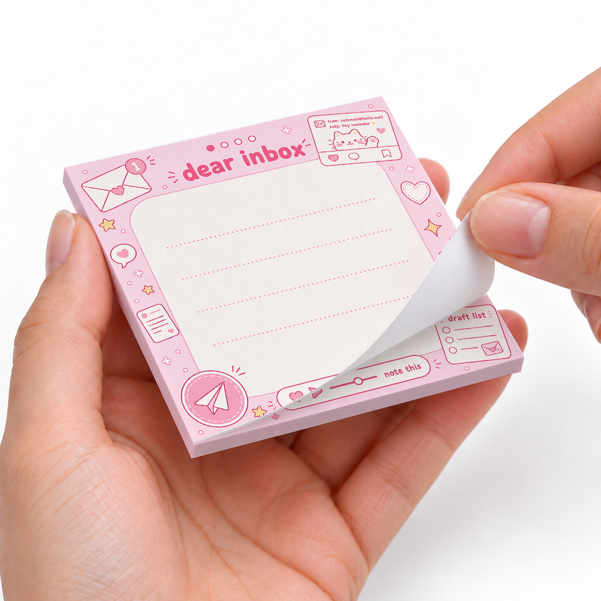 Pink Dear Inbox Cat sticky notes styled with a planner and desk accessories