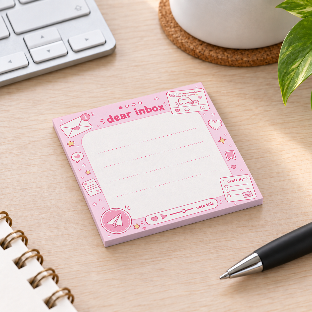 Close-up of Pink Dear Inbox Cat sticky note design and writable area
