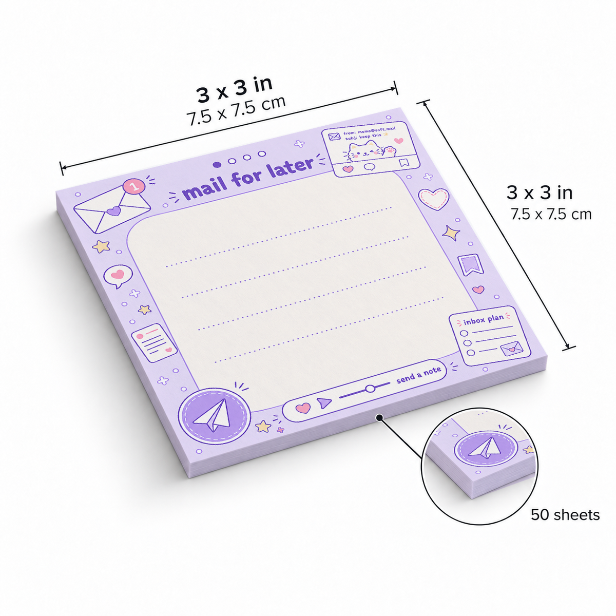 Purple Mail For Later sticky notes, 3x3 in (7.5 x 7.5 cm), 50 sheets