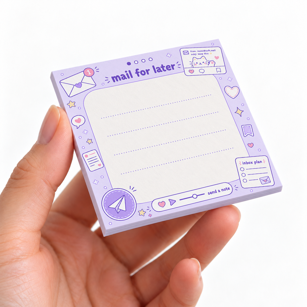 Purple Mail For Later sticky note pad on a desk with stationery
