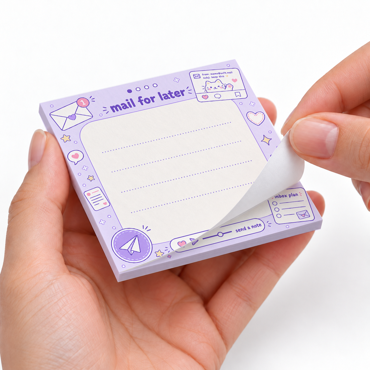 Purple Mail For Later sticky notes styled with a planner and desk accessories