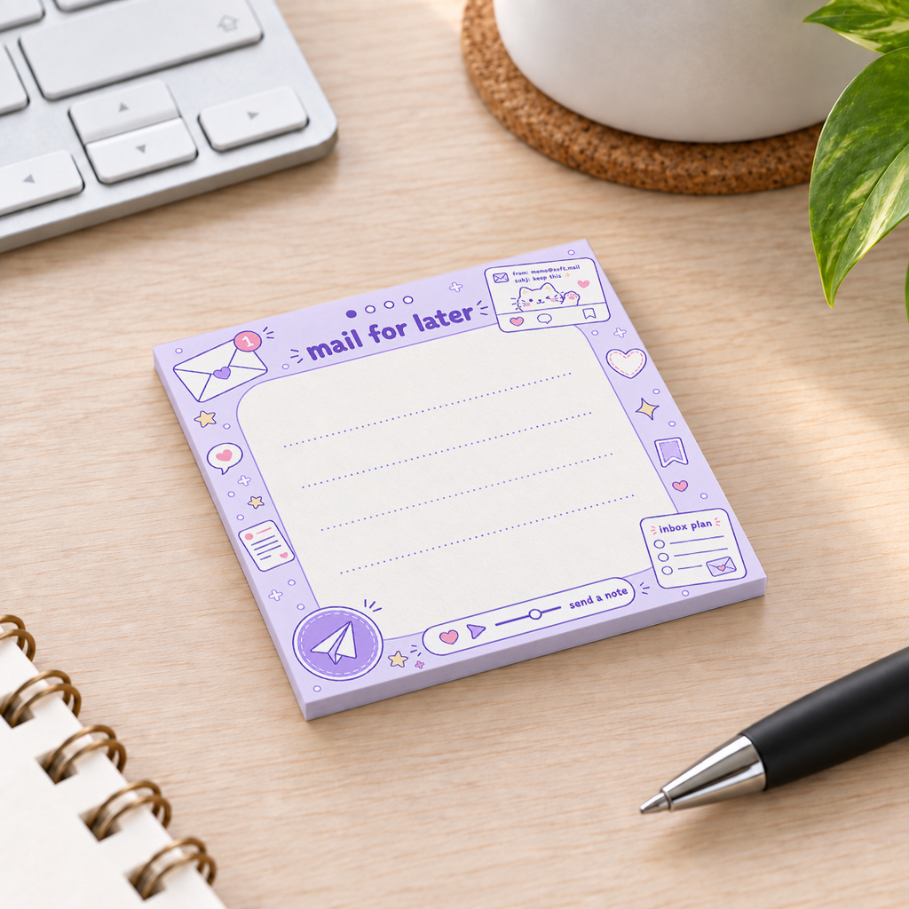 Close-up of Purple Mail For Later sticky note design and writable area