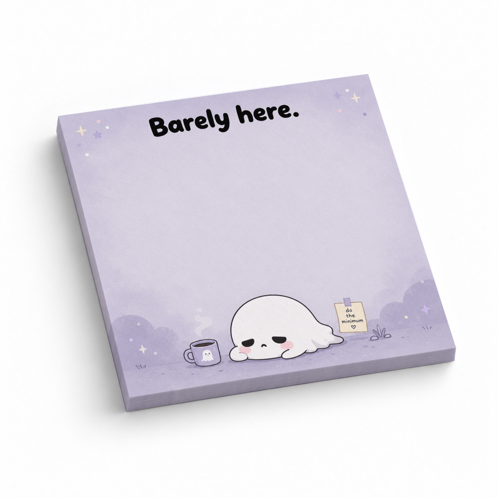 Purple 3 x 3 inch sticky note pad featuring “Barely here.” and a sleepy ghost beside a mug.