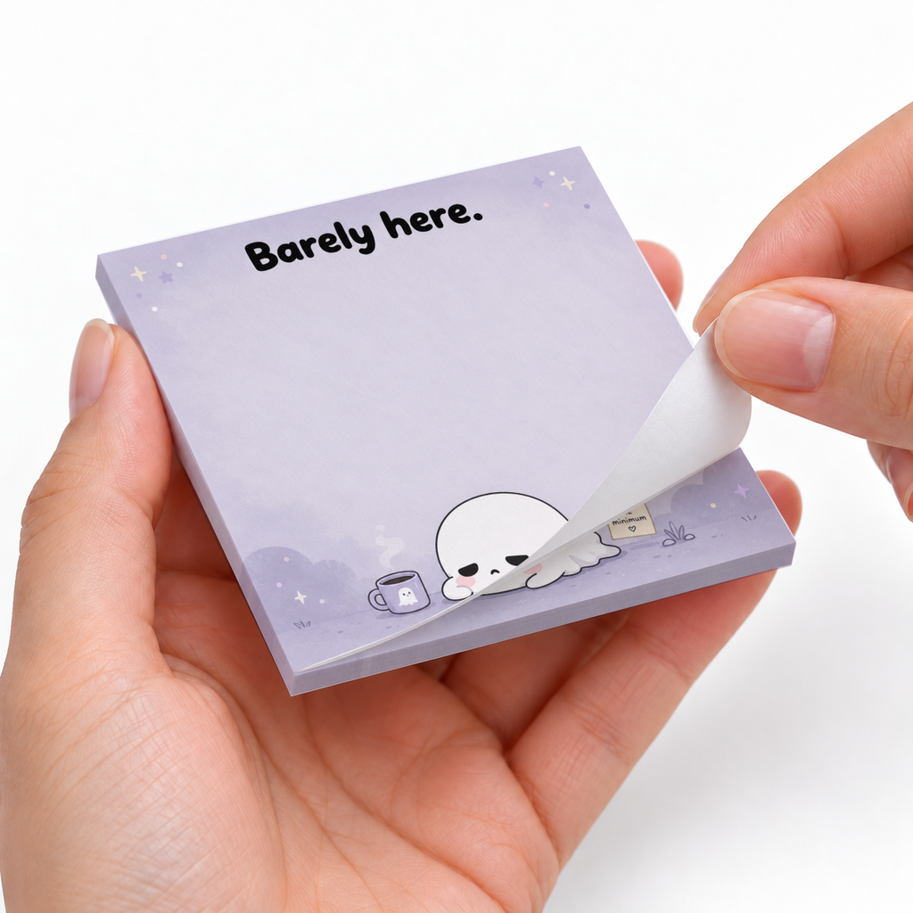 Hands peel a sheet from the purple Barely Here sticky note pad with a sleepy ghost illustration.