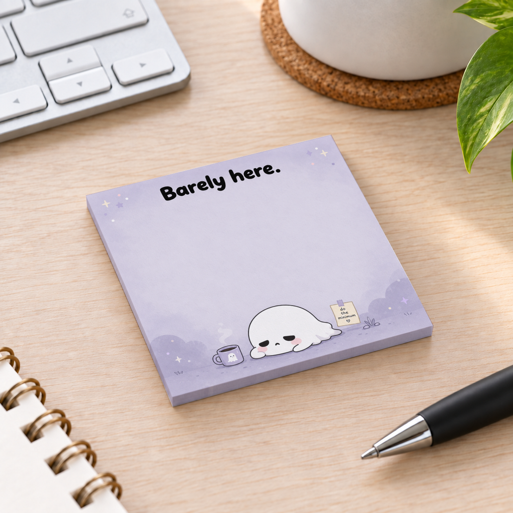 Purple Barely Here sleepy ghost sticky note pad on a wood desk beside a keyboard, pen, notebook, mug, and plant.