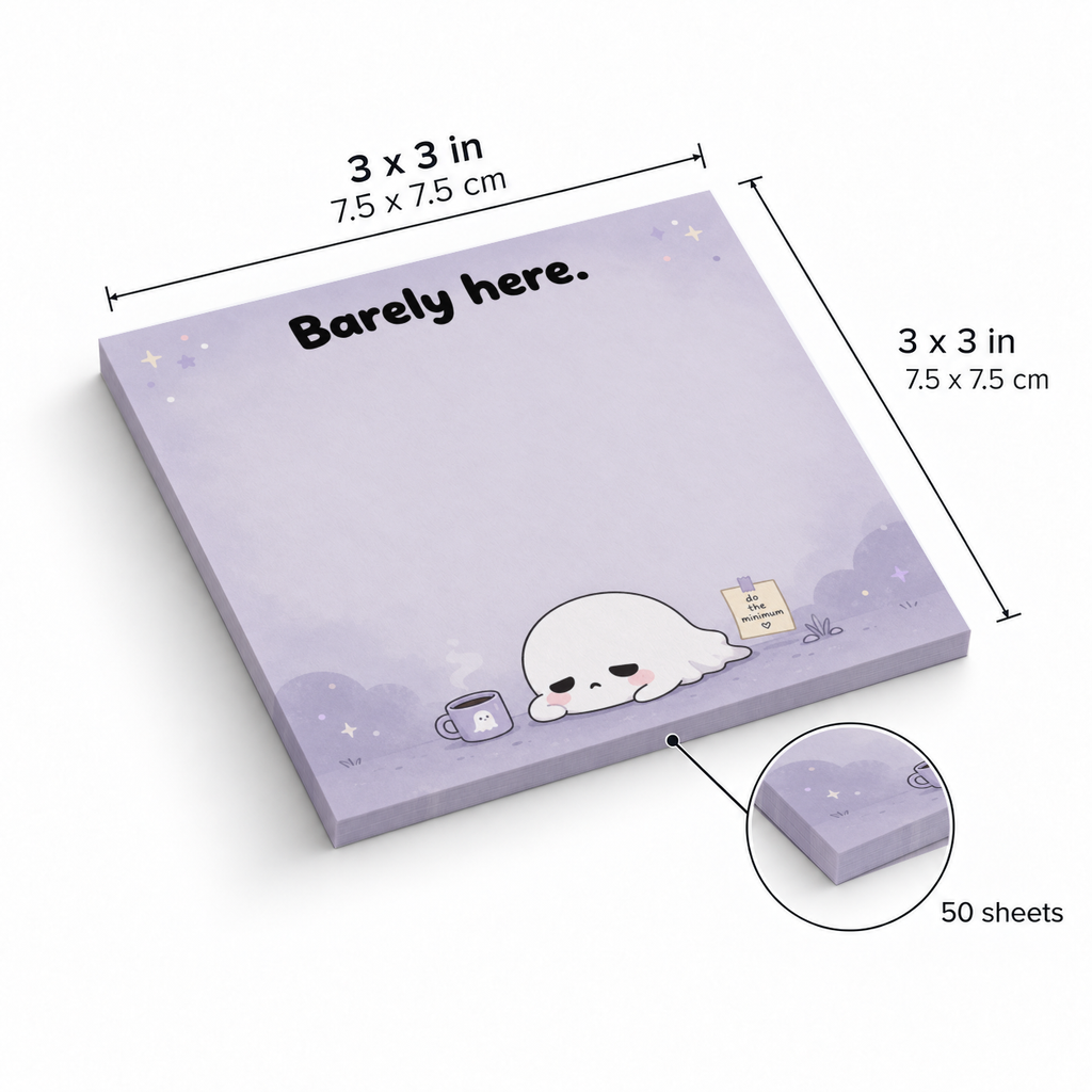 Purple Sleepy Ghost sticky note pad with “Barely here” design, labeled 3 x 3 inches and 50 sheets.