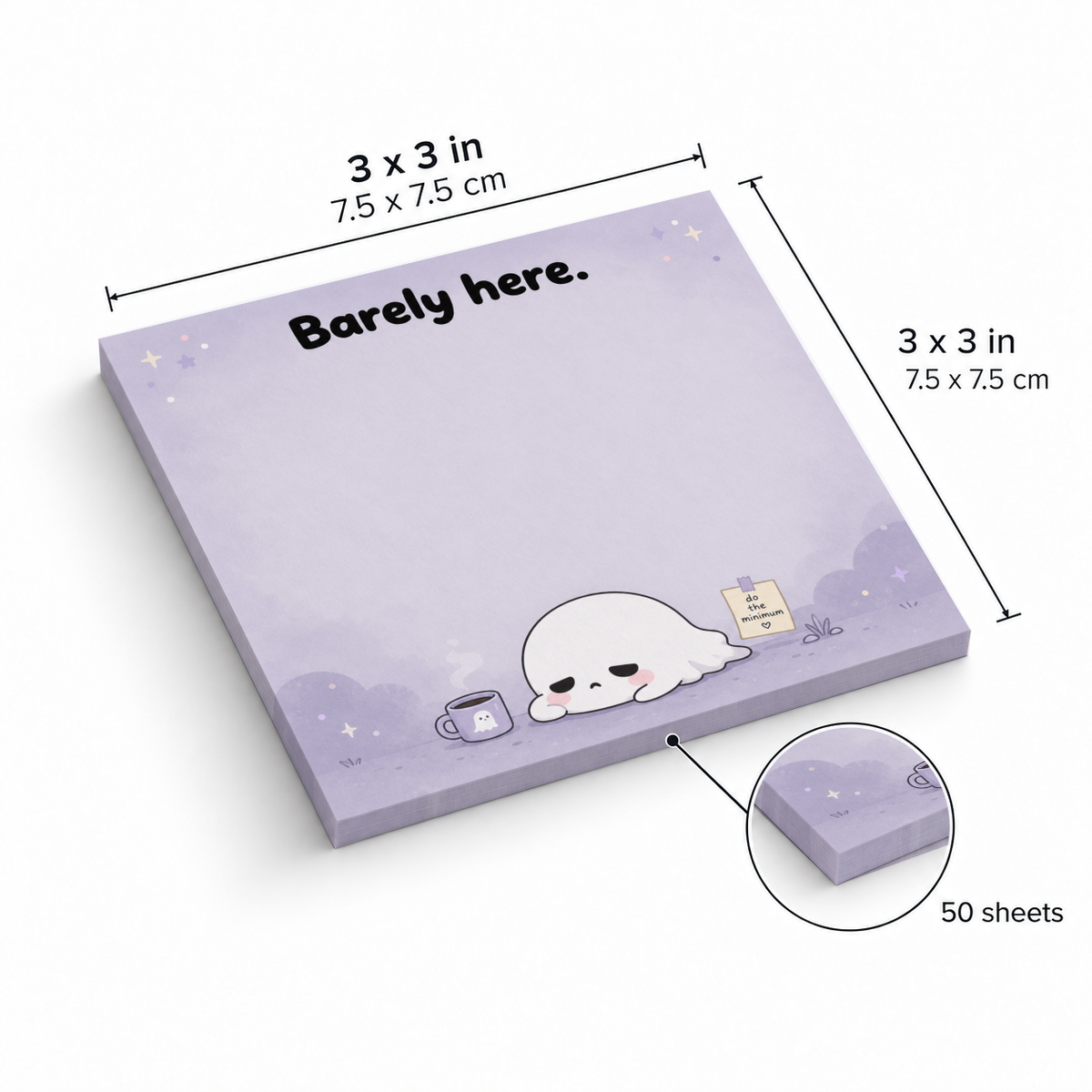 Purple Sleepy Ghost sticky note pad with “Barely here” design, labeled 3 x 3 inches and 50 sheets.