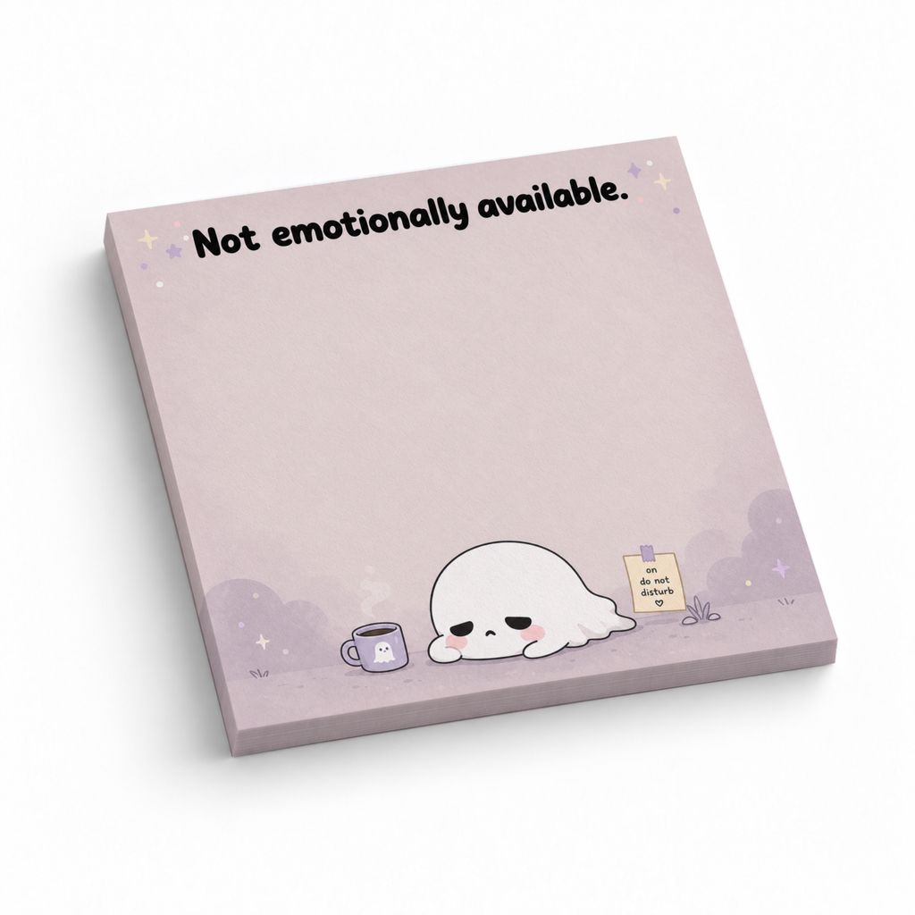 Pink 3 x 3 inch sticky note pad with a tired cute ghost and “Not emotionally available” text.