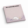 Pink 3 x 3 inch sticky note pad with a tired cute ghost and “Not emotionally available” text.