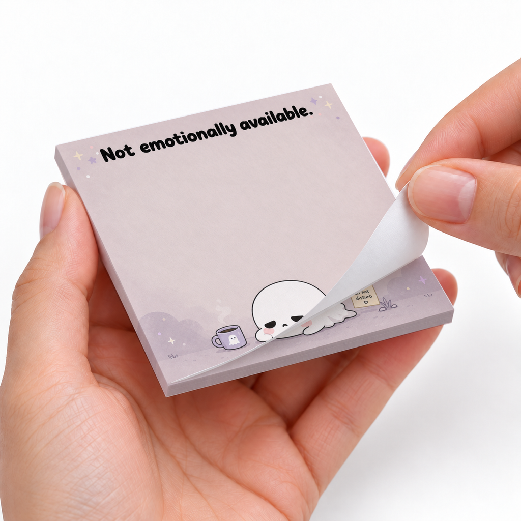 Hands peel a sheet from a lavender ghost sticky note pad printed “Not emotionally available.”