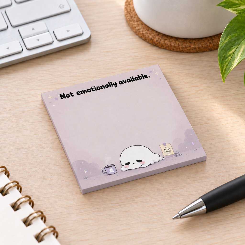 Lavender cute ghost sticky note pad reading “Not emotionally available” on a desk beside a keyboard, pen, and plant.