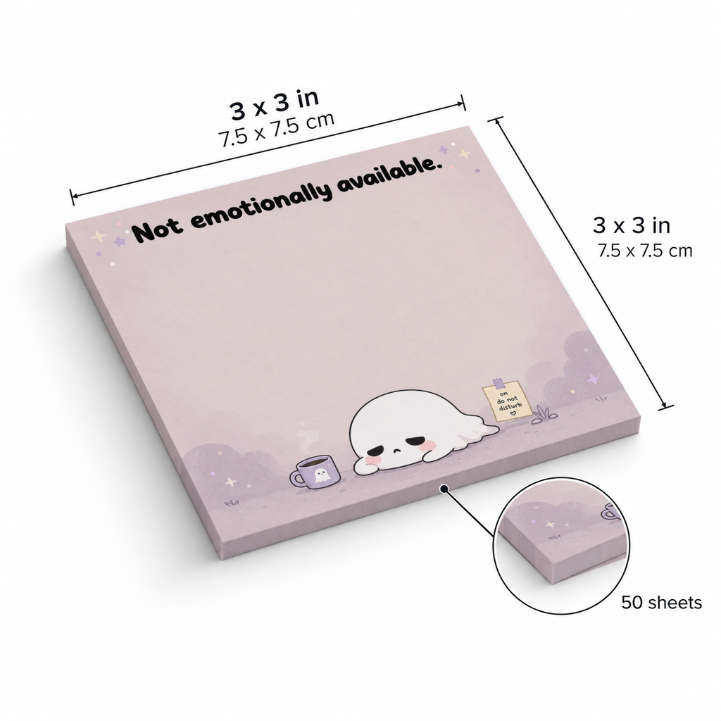 Pink ghost sticky note pad reads “Not emotionally available,” with 3 x 3 in. dimensions and 50 sheets.
