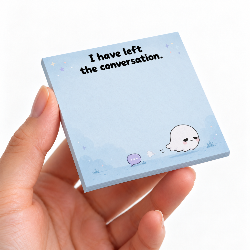 A hand holds a blue sticky note pad reading “I have left the conversation,” with a small ghost and speech bubble.