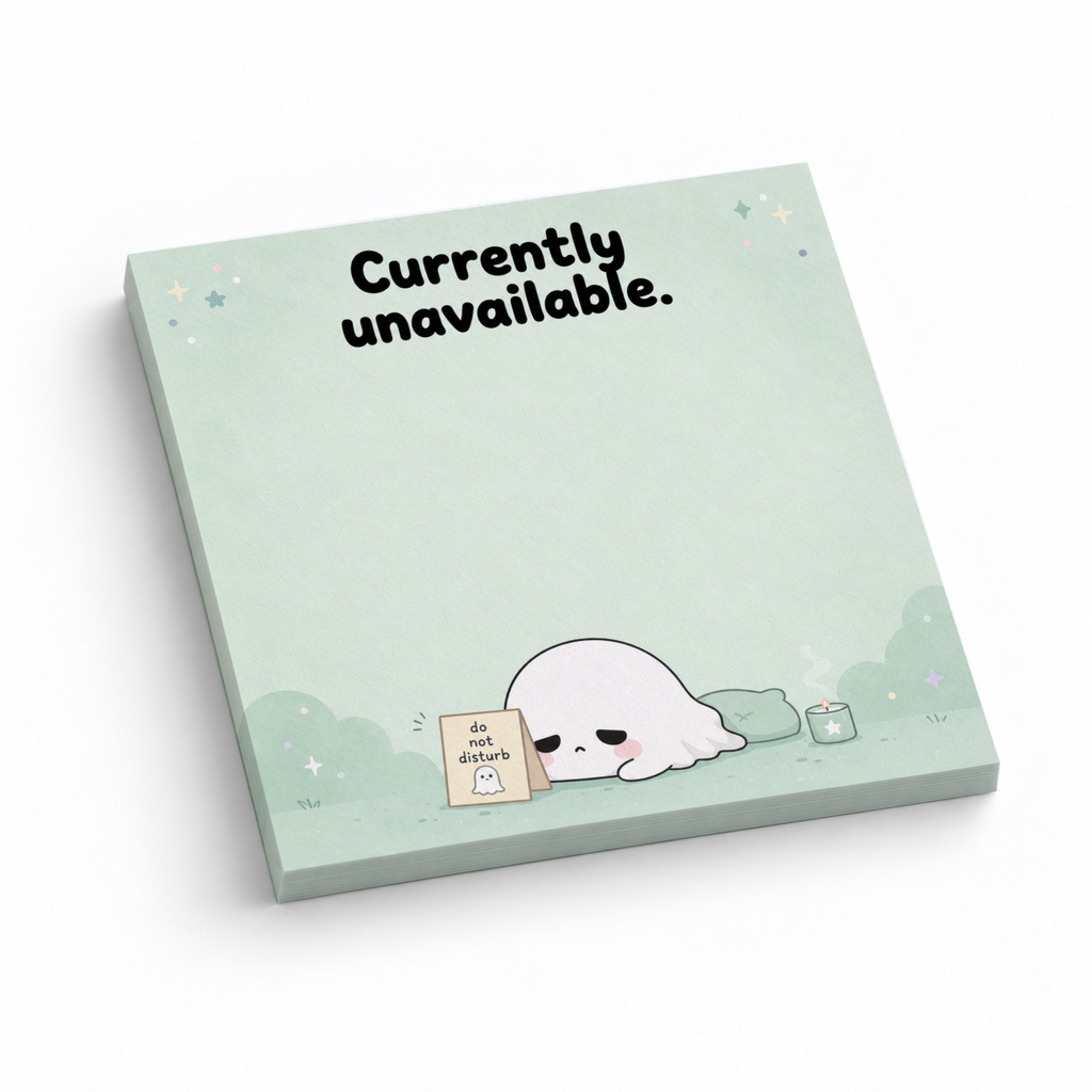 Mint green Sleepy Ghost sticky note pad with “Currently unavailable” text and a resting ghost illustration.