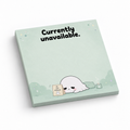 Mint green Sleepy Ghost sticky note pad with “Currently unavailable” text and a resting ghost illustration.