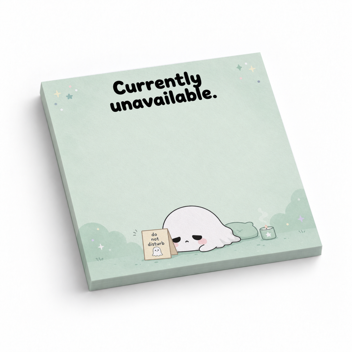 Mint green Sleepy Ghost sticky note pad with “Currently unavailable” text and a resting ghost illustration.
