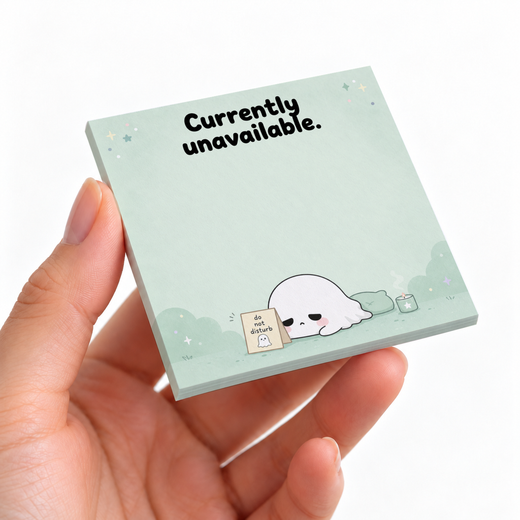 Hand holding a mint green Sleepy Ghost sticky note pad with “Currently unavailable” and a do not disturb sign.