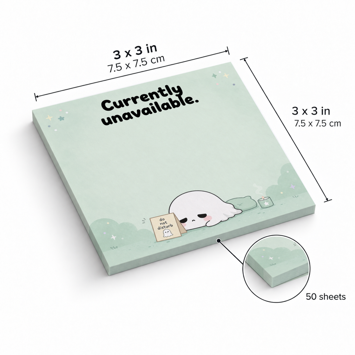 Mint Sleepy Ghost sticky note pad marked “Currently unavailable,” measuring 3 x 3 inches with 50 sheets.