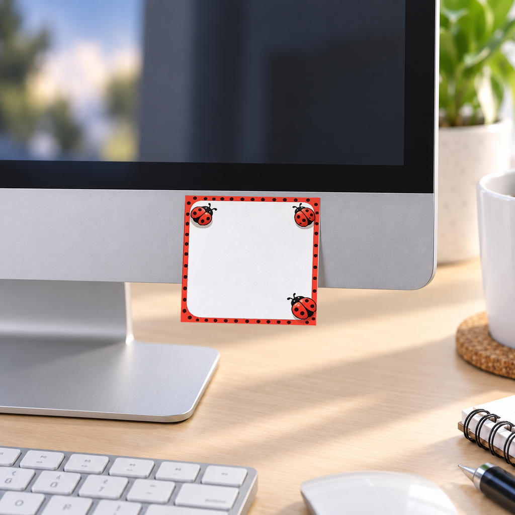 Red Polka Dot Ladybug memo pad in an office or home workspace