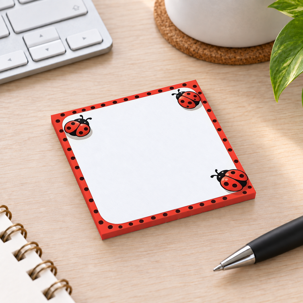 Close-up of Red Polka Dot Ladybug sticky note design and writable area