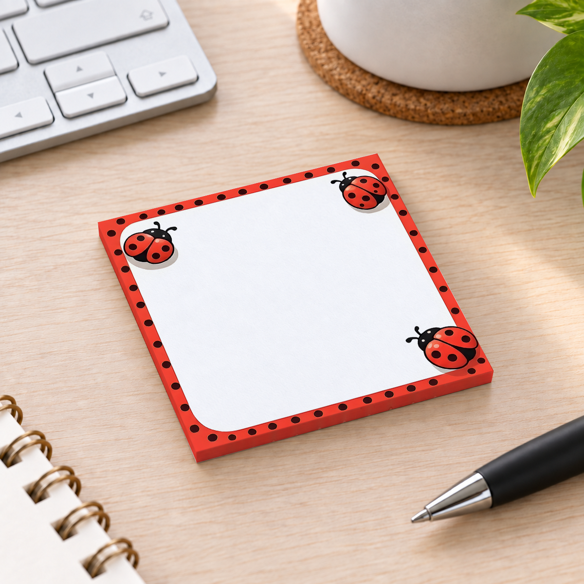 Close-up of Red Polka Dot Ladybug sticky note design and writable area