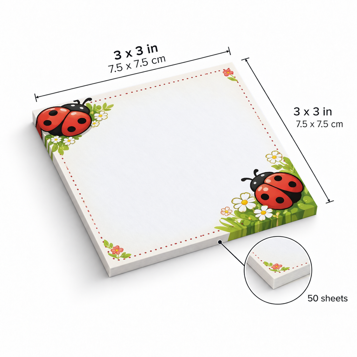 Floral Corner Ladybug sticky notes, 3x3 in (7.5 x 7.5 cm), 50 sheets