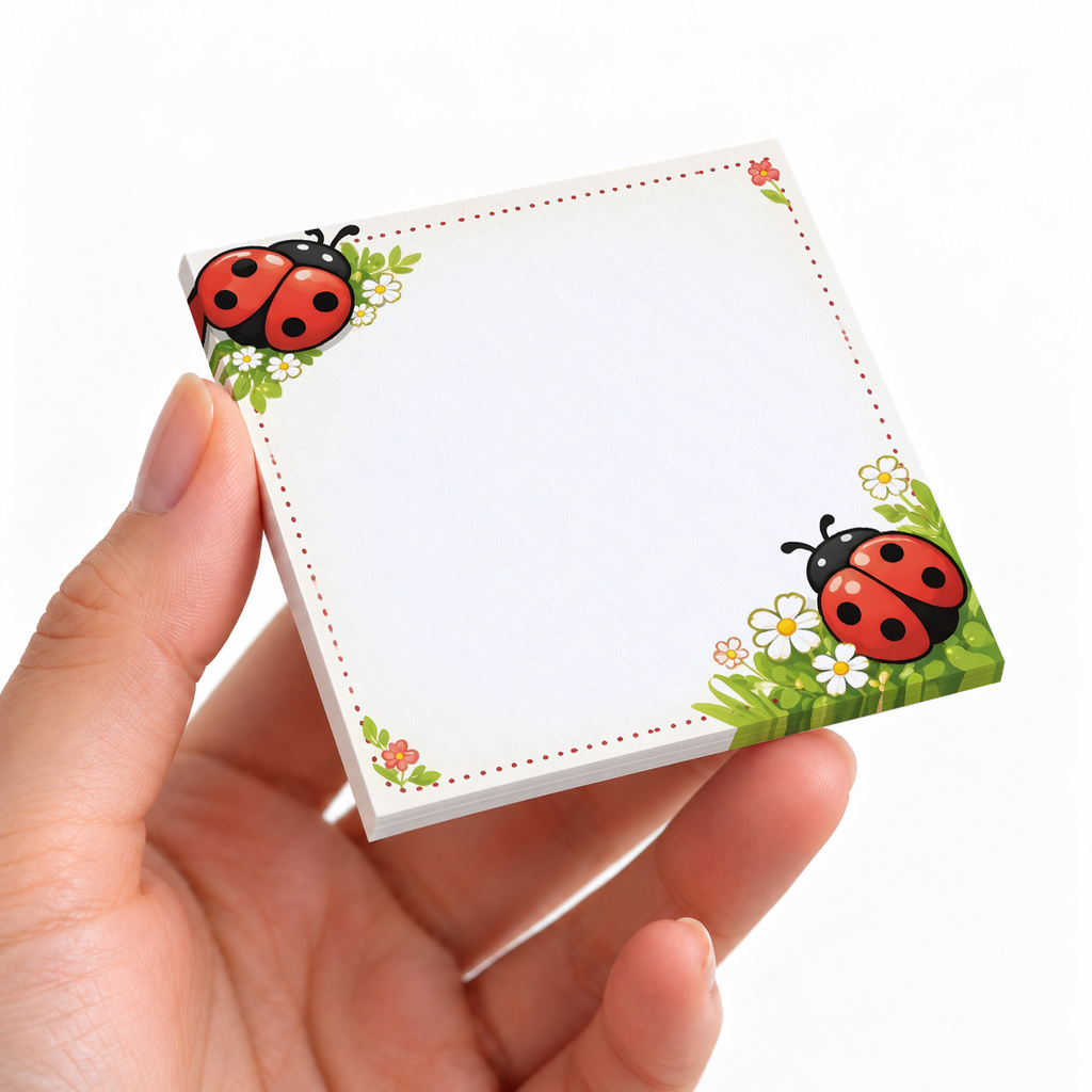 Floral Corner Ladybug sticky note pad on a desk with stationery