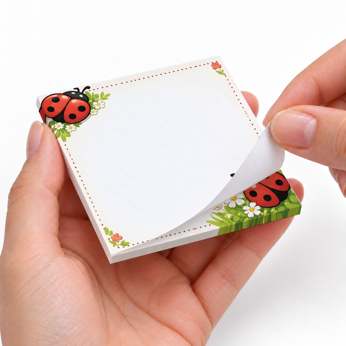 Floral Corner Ladybug sticky notes styled with a planner and desk accessories