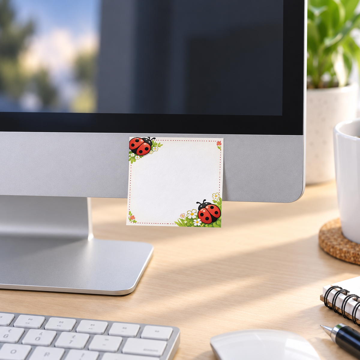 Floral Corner Ladybug memo pad in an office or home workspace