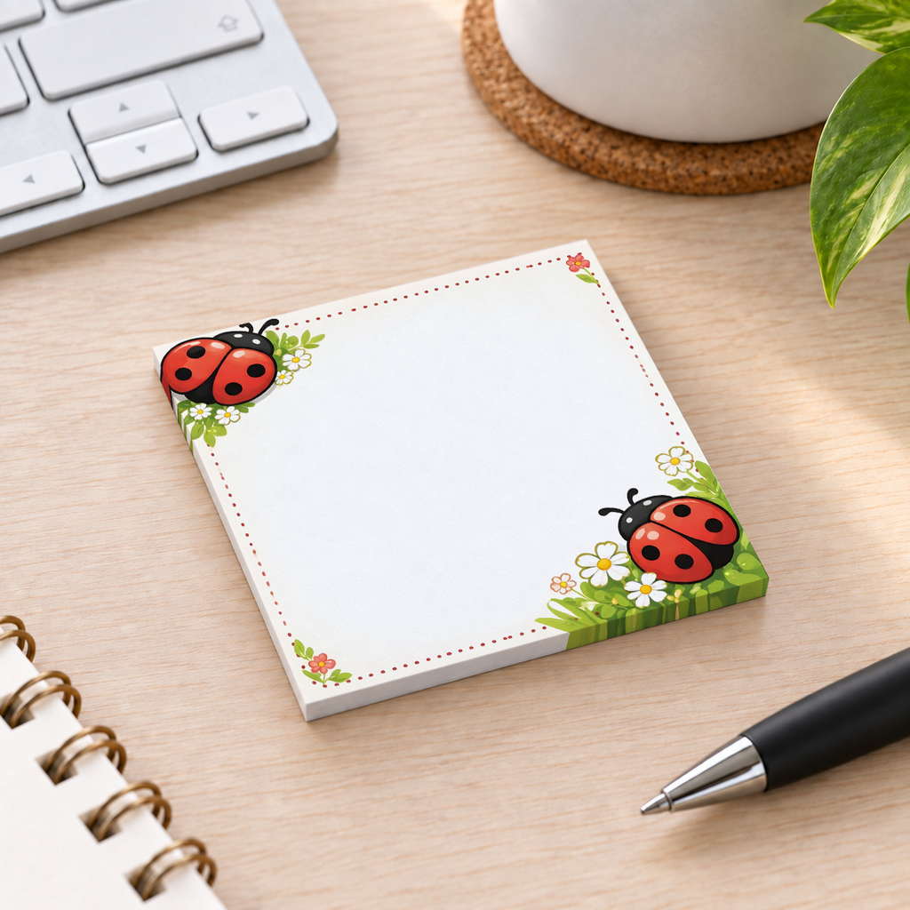 Close-up of Floral Corner Ladybug sticky note design and writable area