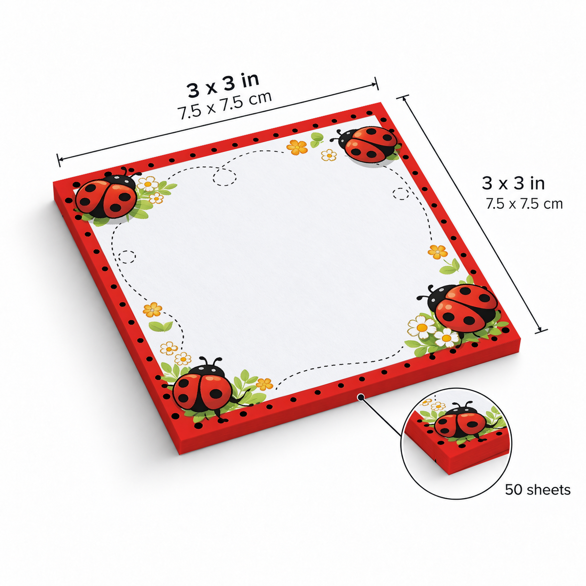 Flying Ladybug Trail sticky notes, 3x3 in (7.5 x 7.5 cm), 50 sheets