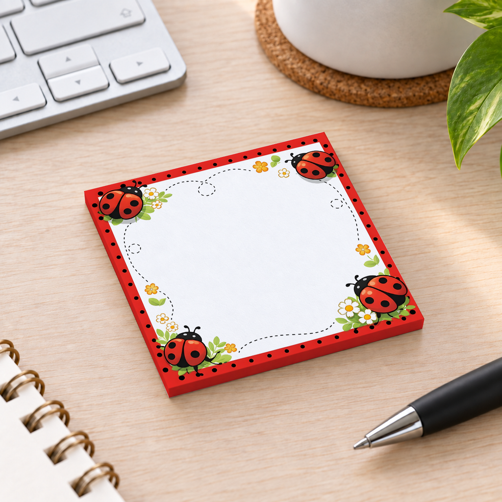 Close-up of Flying Ladybug Trail sticky note design and writable area