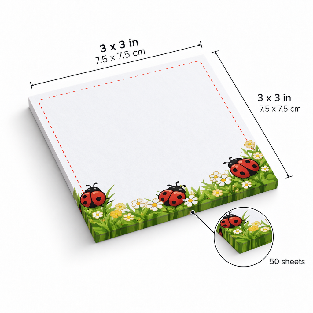 Grassy Meadow Ladybug sticky notes, 3x3 in (7.5 x 7.5 cm), 50 sheets