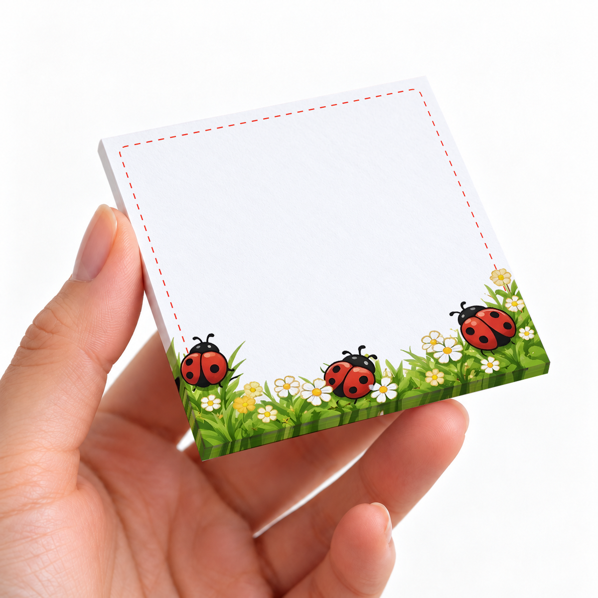 Grassy Meadow Ladybug sticky note pad on a desk with stationery