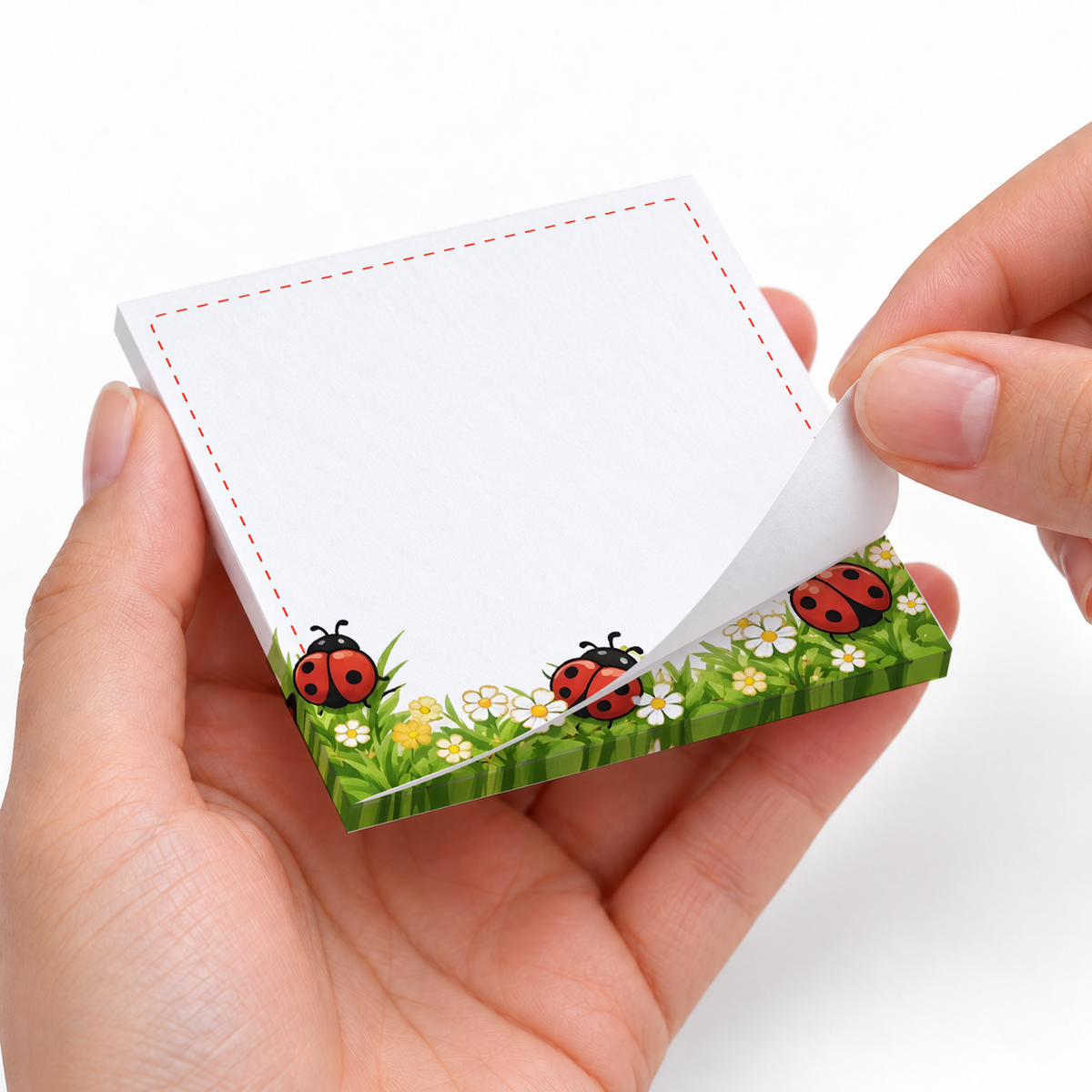 Grassy Meadow Ladybug sticky notes styled with a planner and desk accessories
