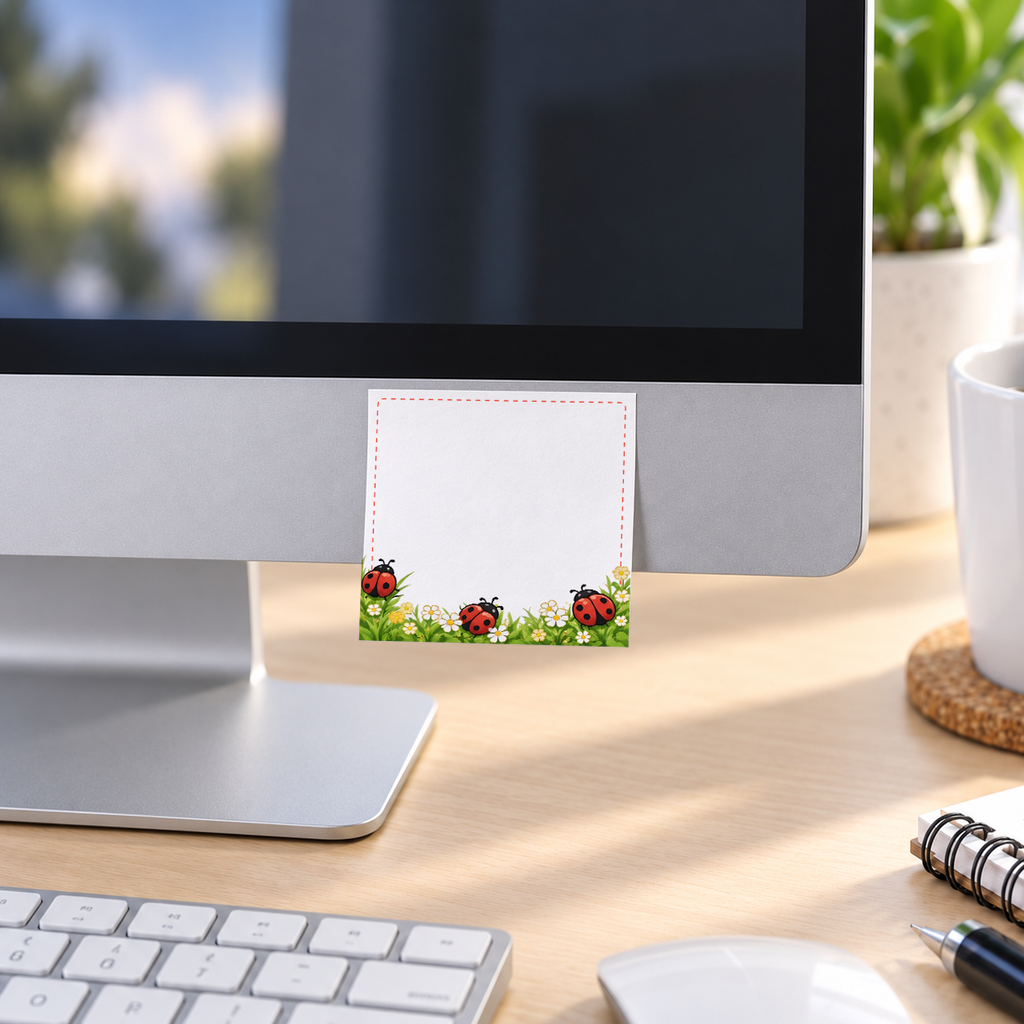 Grassy Meadow Ladybug memo pad in an office or home workspace