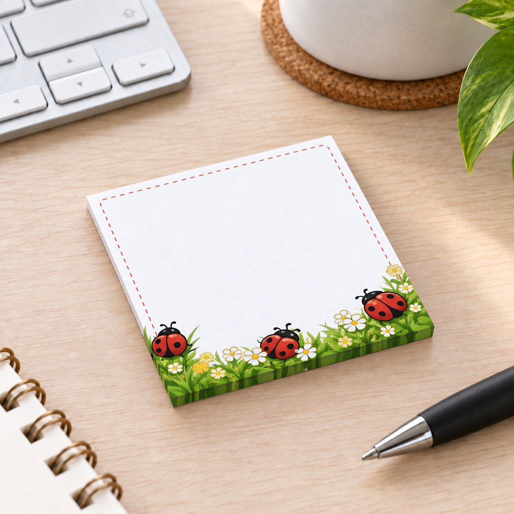 Close-up of Grassy Meadow Ladybug sticky note design and writable area