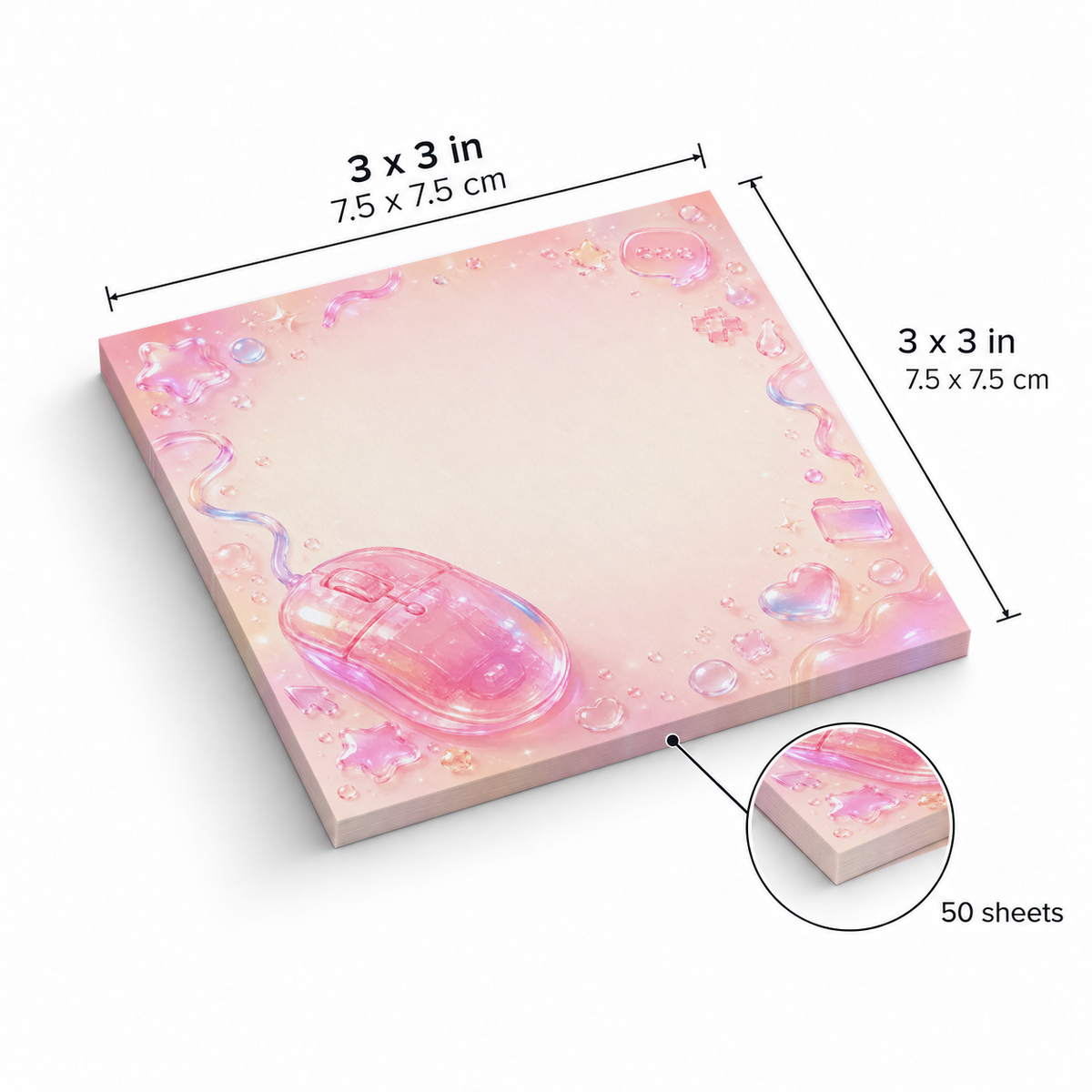 Y2K Pink Mouse sticky notes, 3x3 in (7.5 x 7.5 cm), 50 sheets