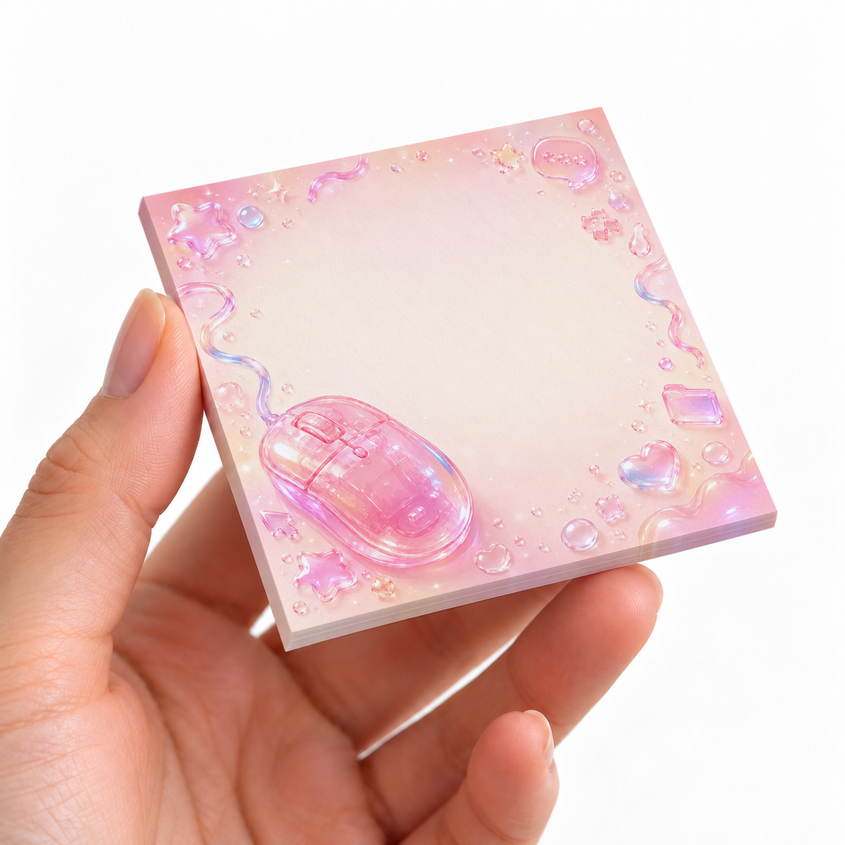 Y2K Pink Mouse sticky note pad on a desk with stationery