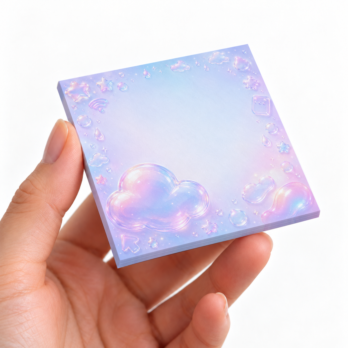 Pastel Cloud & Raindrop sticky note pad on a desk with stationery