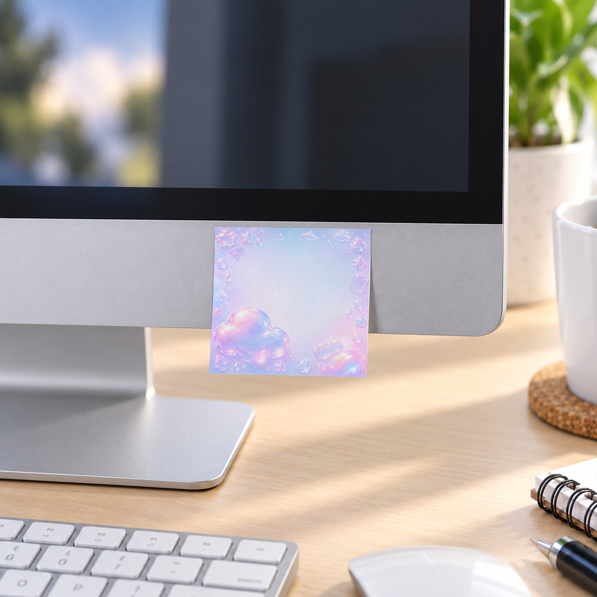 Pastel Cloud & Raindrop memo pad in an office or home workspace