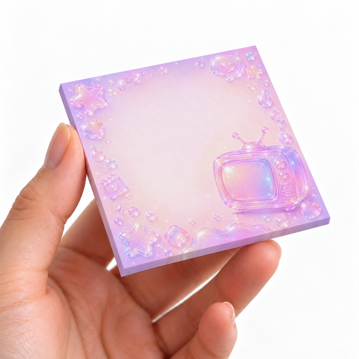 Pastel Retro TV sticky note pad on a desk with stationery